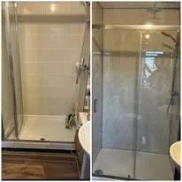 Before and after of a shower enclosure replacement