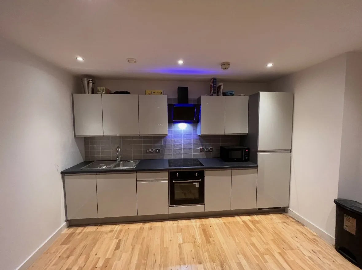 Light grey gloss single-wall kitchen with dark worktops and oak-effect flooring